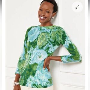 New Talbots Blue Greeb Floral Cashmere Sweater Medium